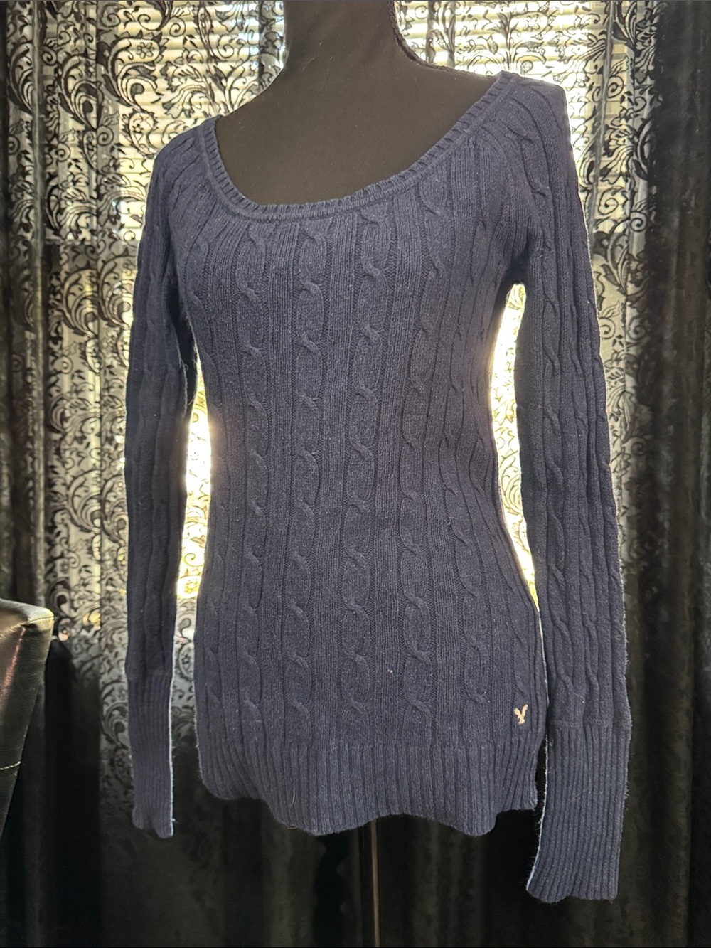 American Eagle Outfitters Navy Cable-Knit Crew Sweater with Contrast Trim